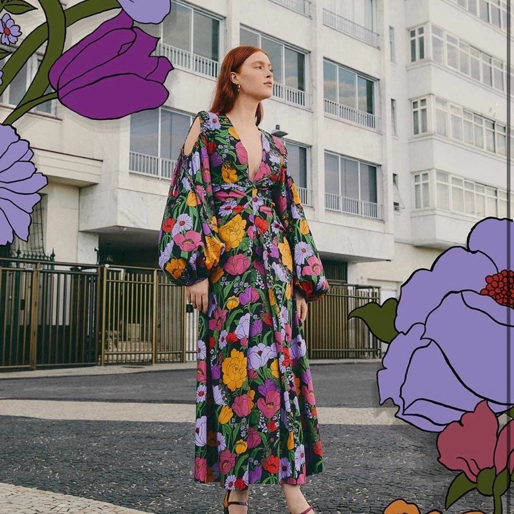 FARM RIO Bucolic Garden Sleeve Cut Out Dress Floral Maxi Size‎ XS